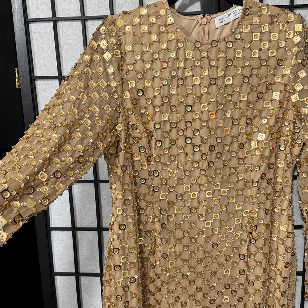 ✨ Mac Duggal Gold Beaded Georgette Long Sleeve Fitted Midi Dress ✨ size 14 - Picture 7 of 10